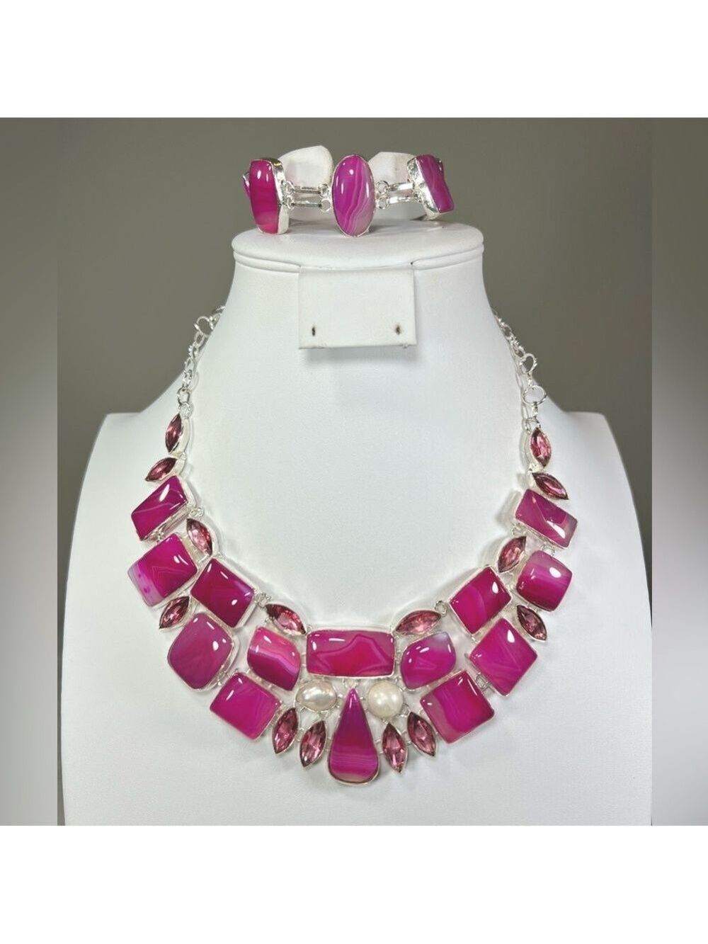 Pink Botswana Agate 925 Large Gemstone Necklace & Bracelet set
